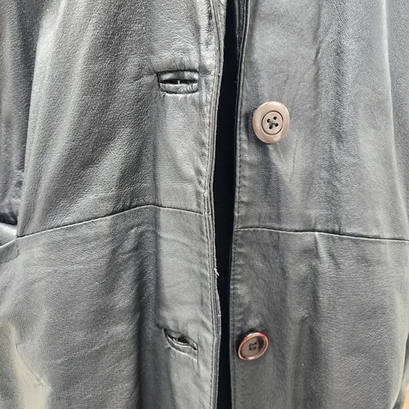 Vintage Accent Black Leather Cocoon Sleeve Maxi Single Breasted Coat Size XL - Picture 8 of 14